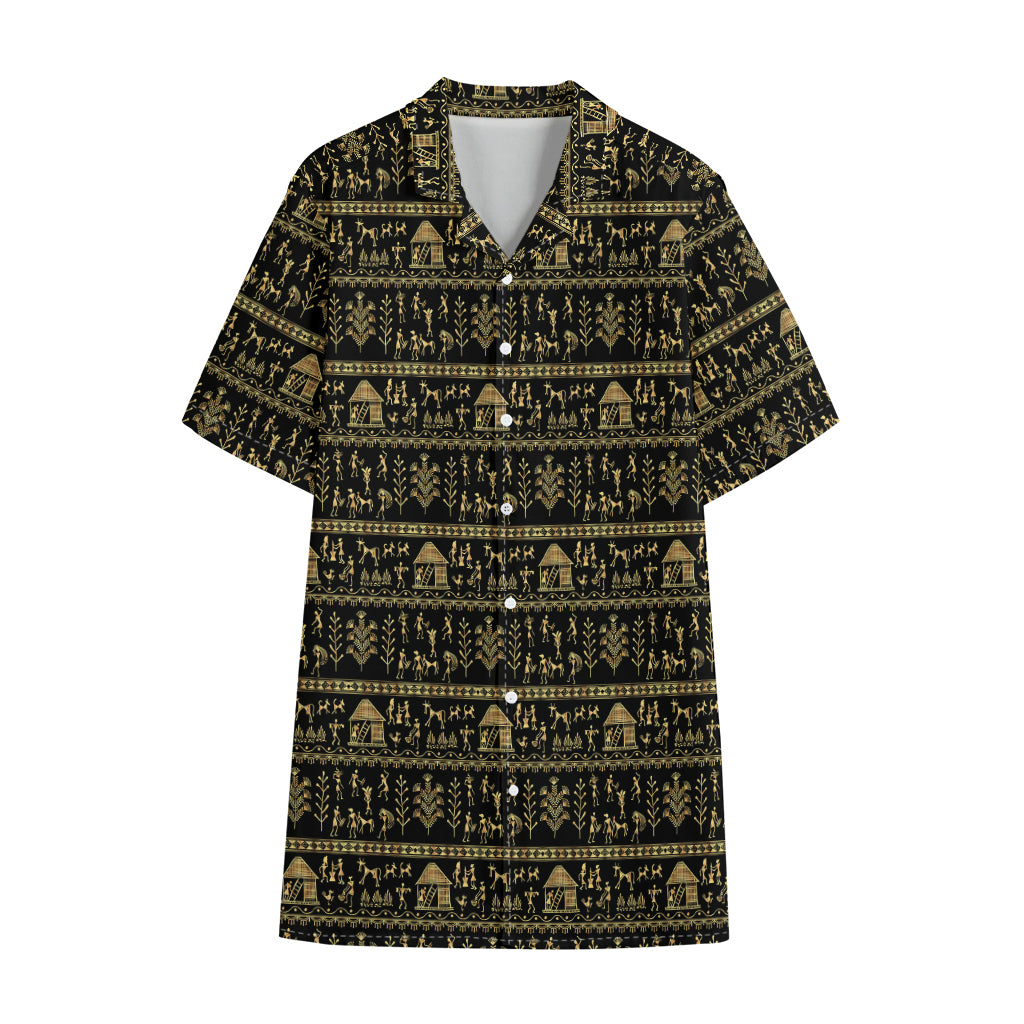 Black And Gold Warli Pattern Print Cotton Hawaiian Shirt