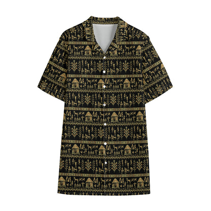 Black And Gold Warli Pattern Print Cotton Hawaiian Shirt