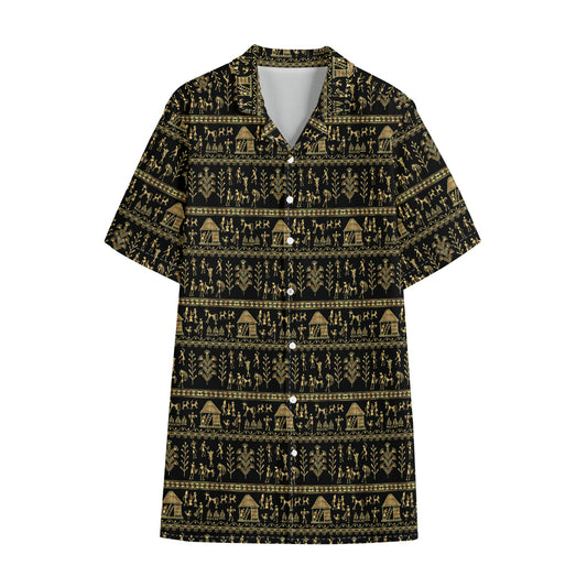 Black And Gold Warli Pattern Print Cotton Hawaiian Shirt