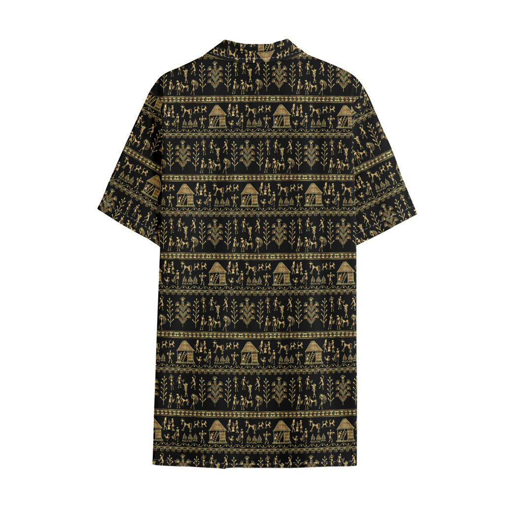 Black And Gold Warli Pattern Print Cotton Hawaiian Shirt