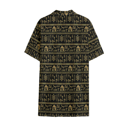 Black And Gold Warli Pattern Print Cotton Hawaiian Shirt
