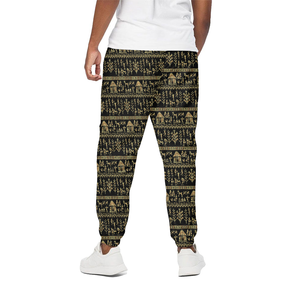 Black And Gold Warli Pattern Print Cotton Pants