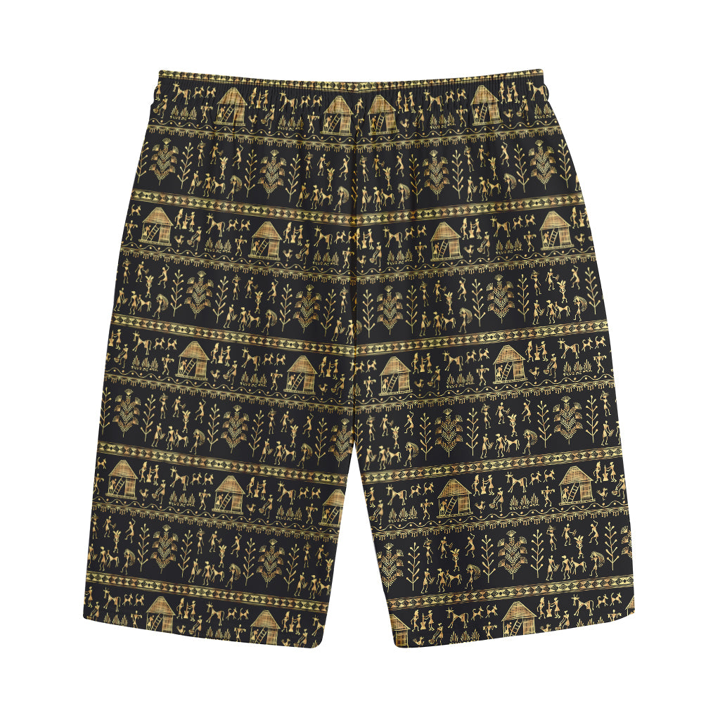 Black And Gold Warli Pattern Print Cotton Shorts