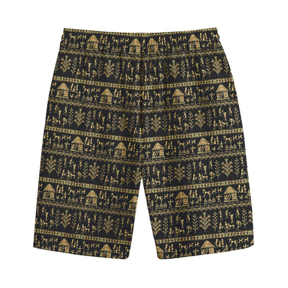 Black And Gold Warli Pattern Print Cotton Shorts