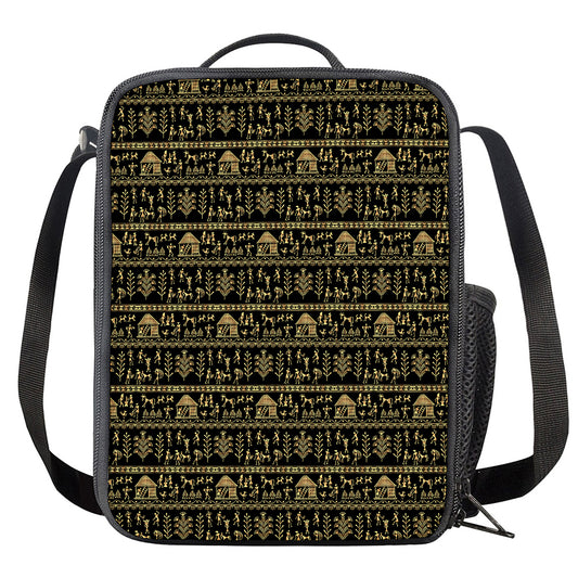Black And Gold Warli Pattern Print Crossbody Lunch Bag