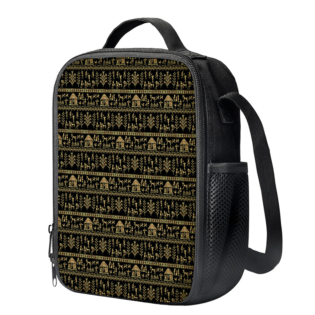 Black And Gold Warli Pattern Print Crossbody Lunch Bag