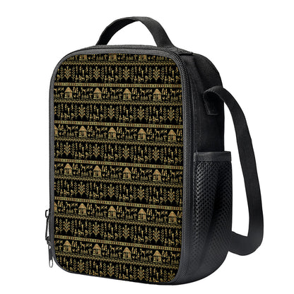 Black And Gold Warli Pattern Print Crossbody Lunch Bag