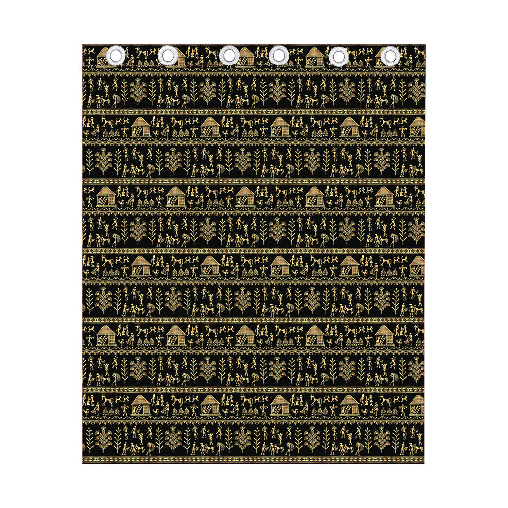 Black And Gold Warli Pattern Print Curtain