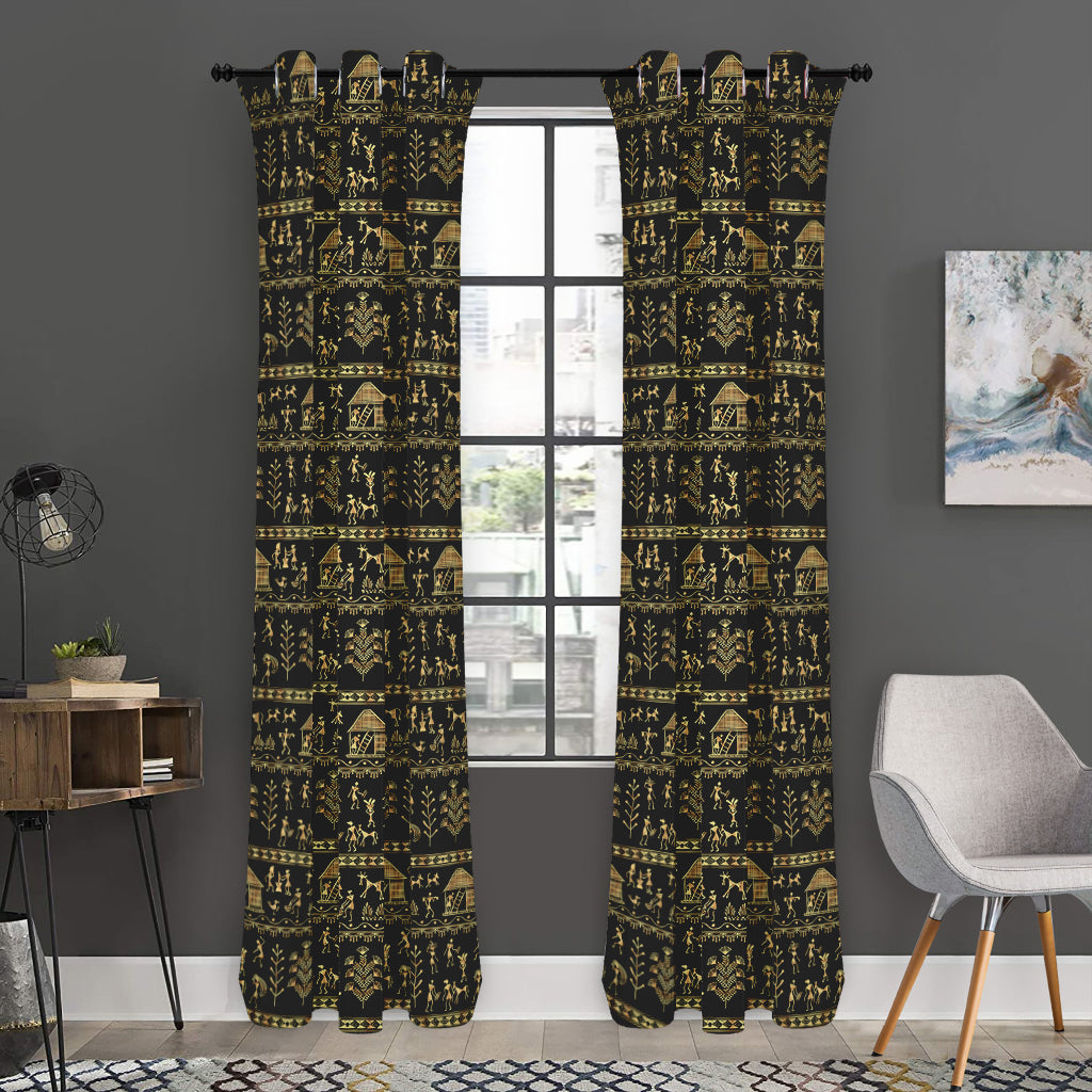 Black And Gold Warli Pattern Print Curtain