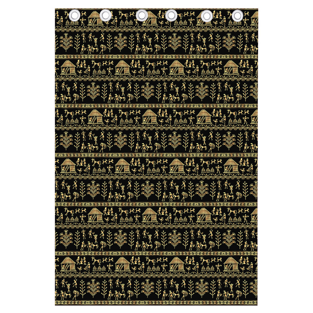 Black And Gold Warli Pattern Print Curtain