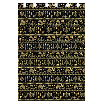 Black And Gold Warli Pattern Print Curtain
