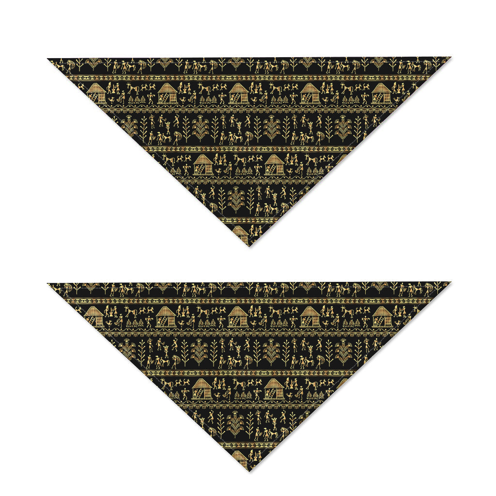 Black And Gold Warli Pattern Print Dog Bandana
