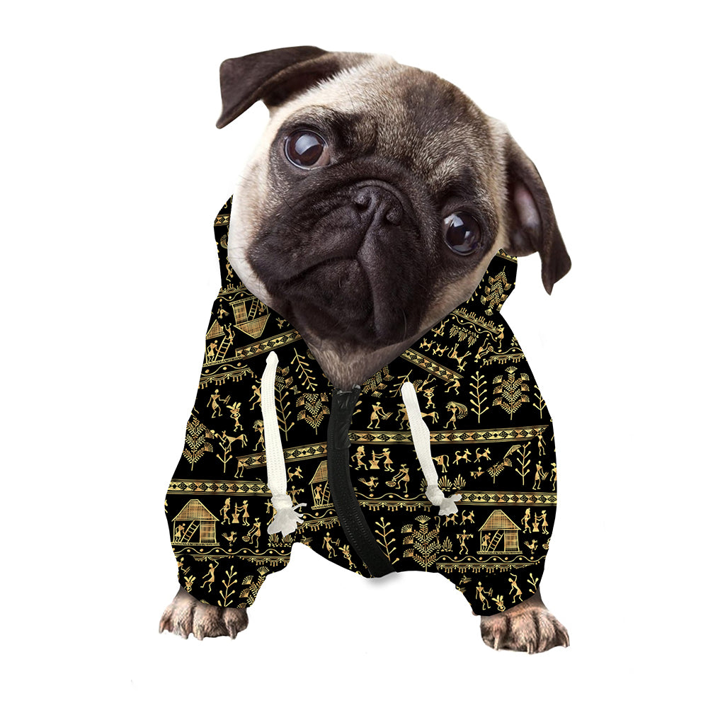 Black And Gold Warli Pattern Print Dog Zip Up Hoodie