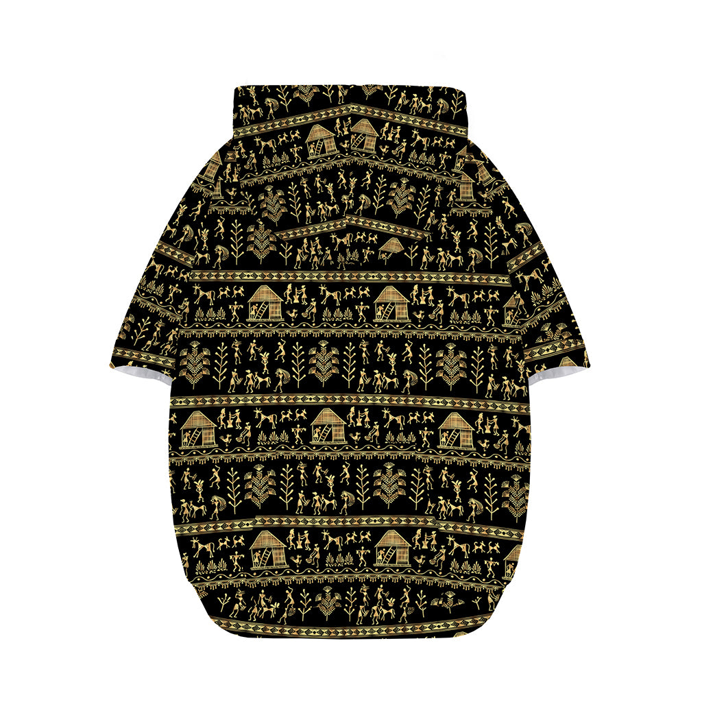 Black And Gold Warli Pattern Print Dog Zip Up Hoodie