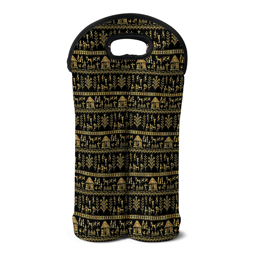Black And Gold Warli Pattern Print Double Neoprene Wine Tote