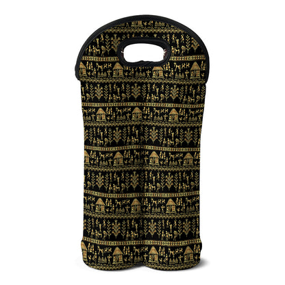 Black And Gold Warli Pattern Print Double Neoprene Wine Tote