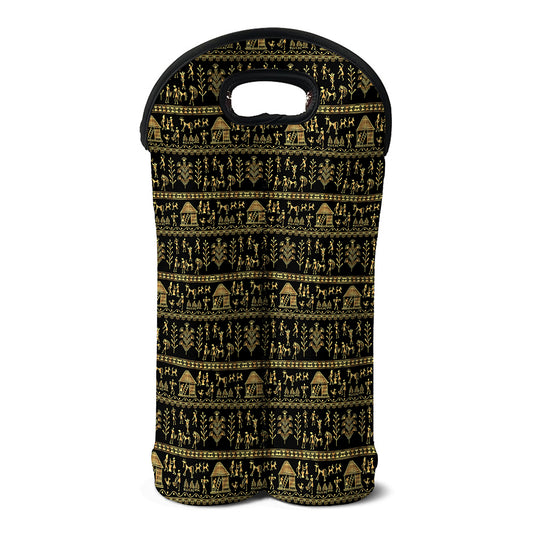 Black And Gold Warli Pattern Print Double Neoprene Wine Tote