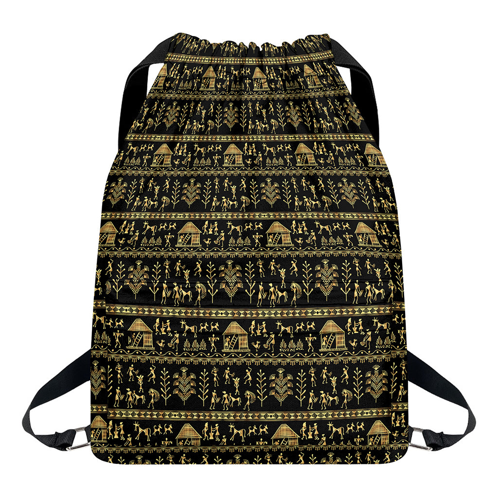 Black And Gold Warli Pattern Print Drawstring Backpack