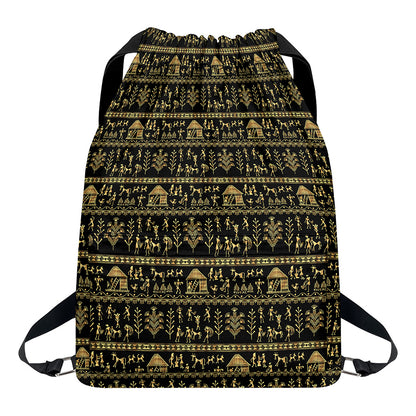 Black And Gold Warli Pattern Print Drawstring Backpack