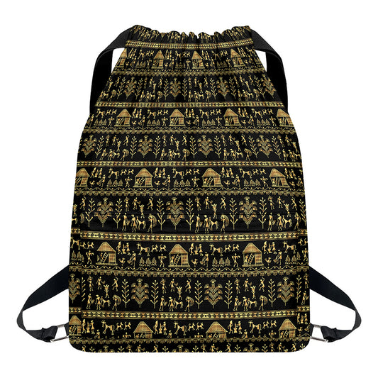 Black And Gold Warli Pattern Print Drawstring Backpack