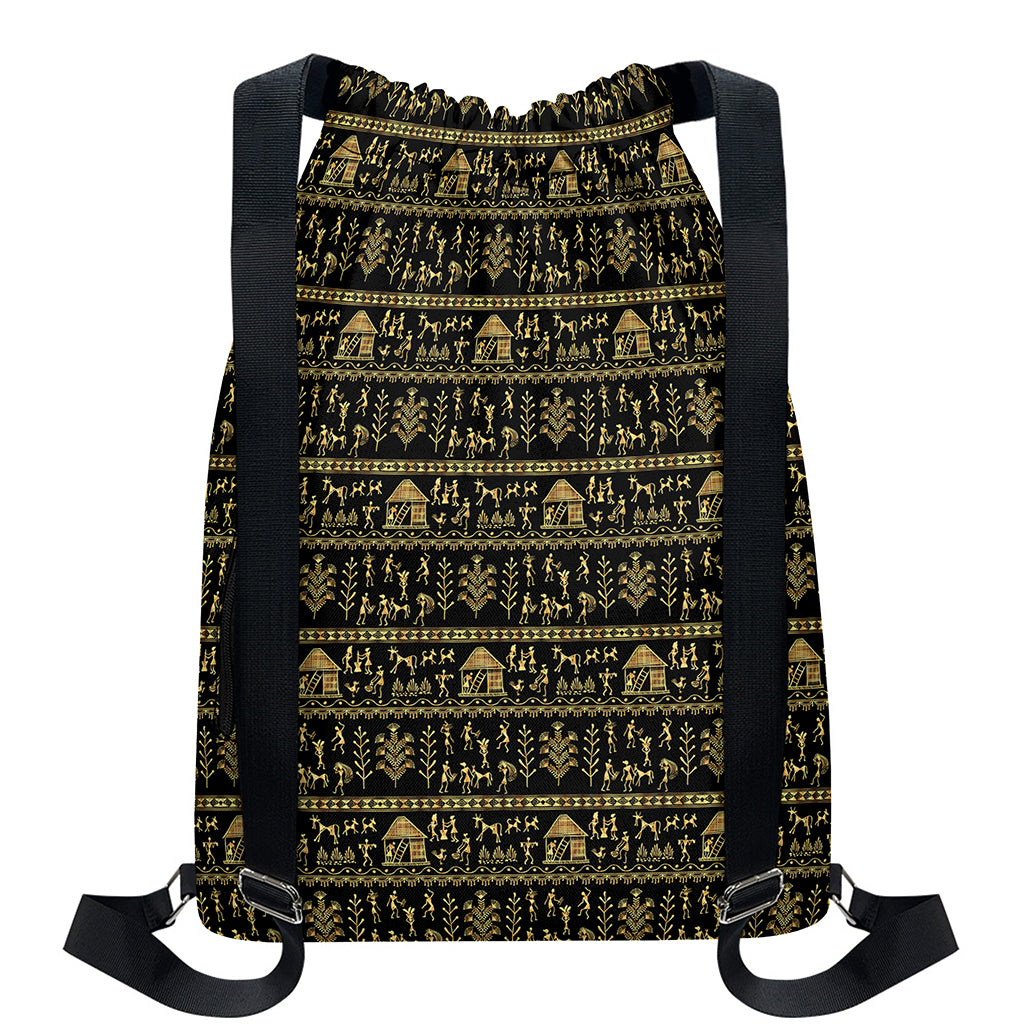 Black And Gold Warli Pattern Print Drawstring Backpack