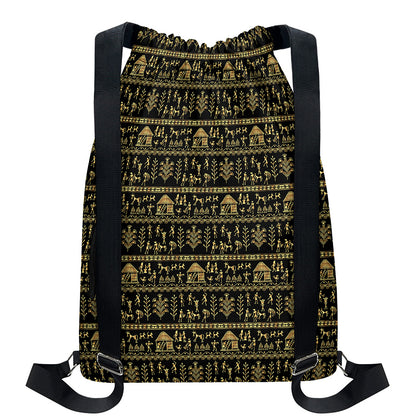 Black And Gold Warli Pattern Print Drawstring Backpack