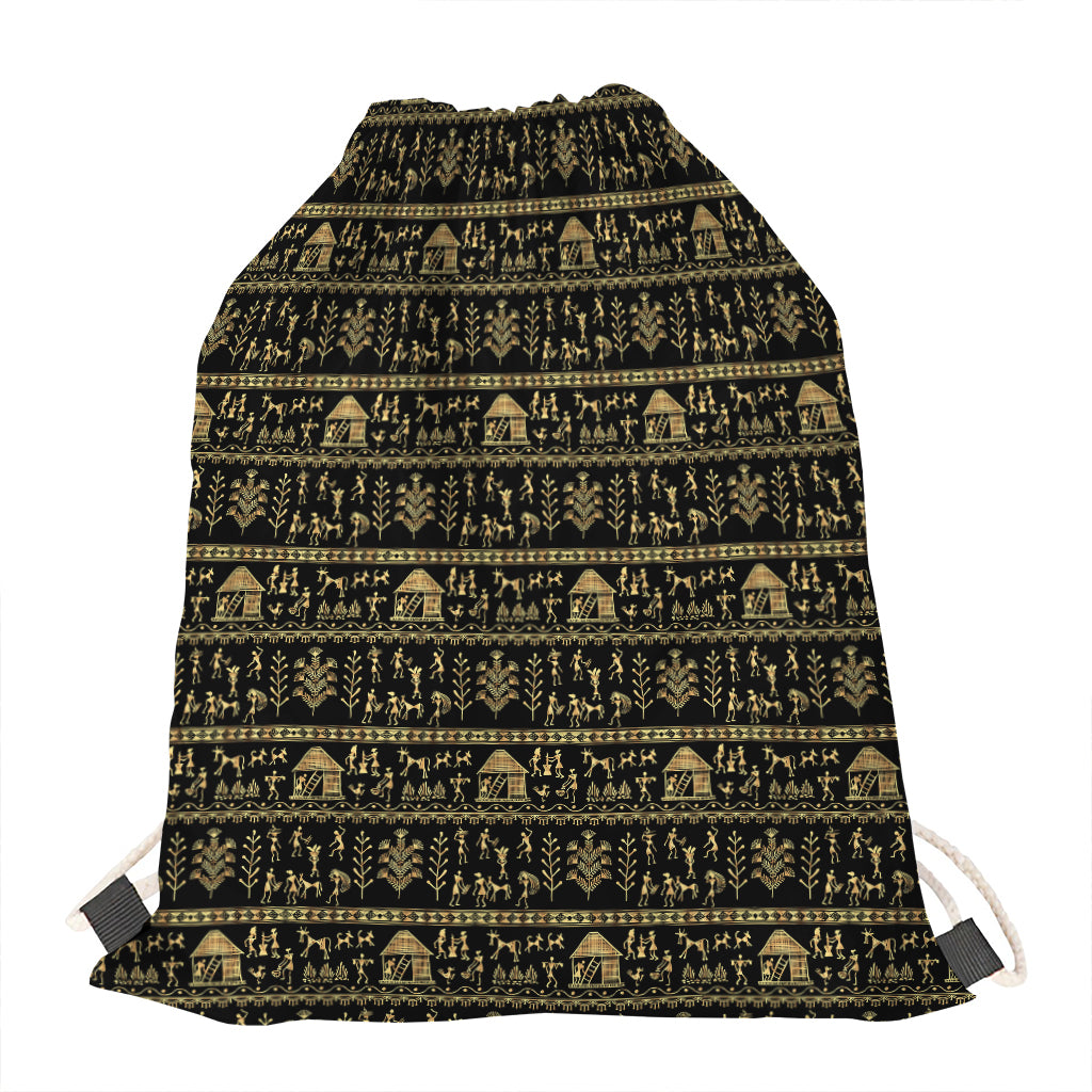 Black And Gold Warli Pattern Print Drawstring Bag