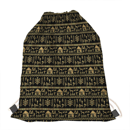 Black And Gold Warli Pattern Print Drawstring Bag