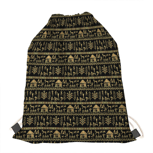 Black And Gold Warli Pattern Print Drawstring Bag