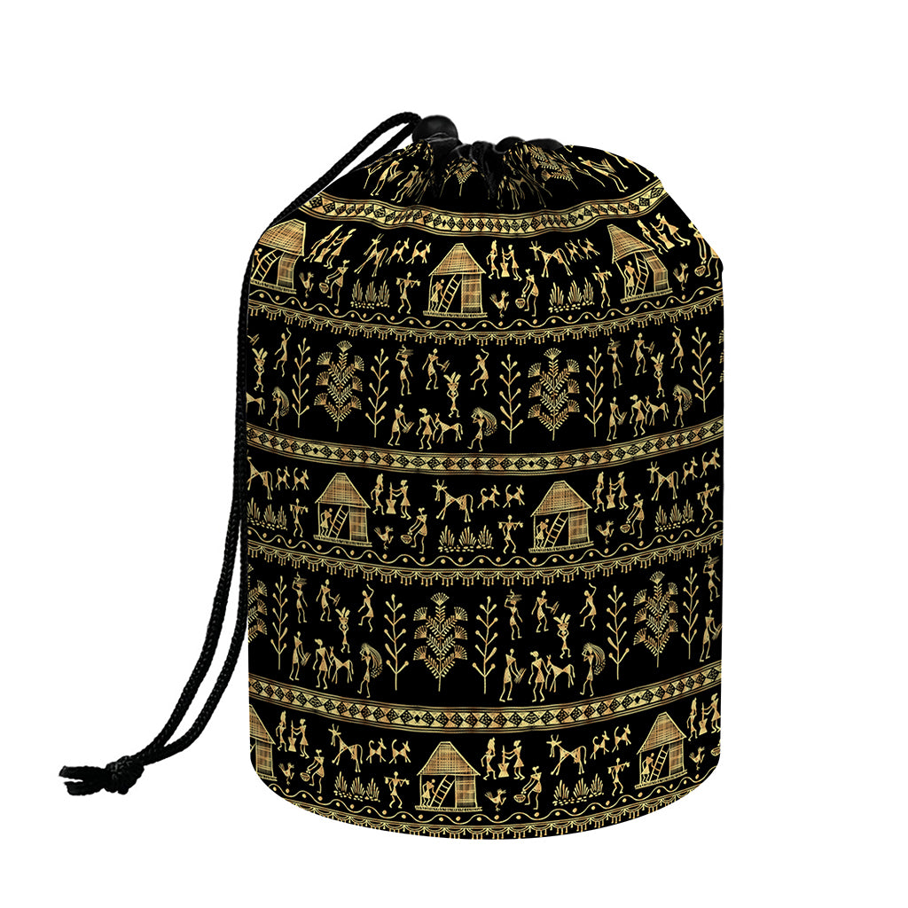 Black And Gold Warli Pattern Print Drawstring Makeup Bag