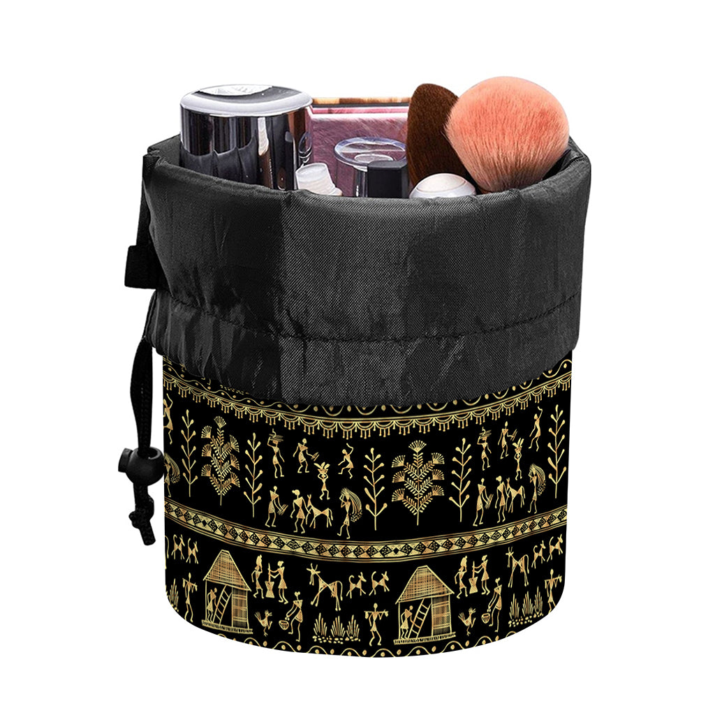 Black And Gold Warli Pattern Print Drawstring Makeup Bag