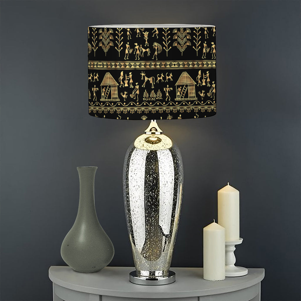 Black And Gold Warli Pattern Print Drum Lamp Shade