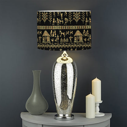 Black And Gold Warli Pattern Print Drum Lamp Shade