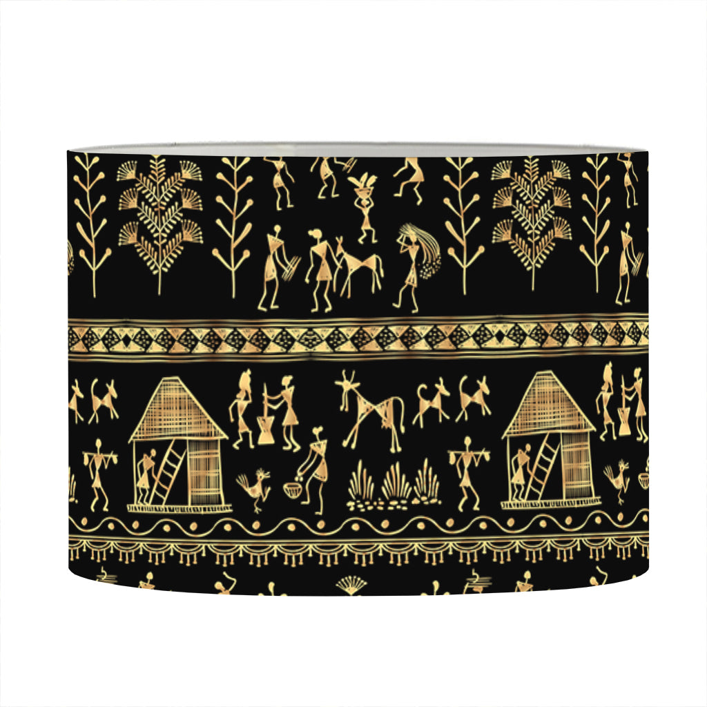 Black And Gold Warli Pattern Print Drum Lamp Shade