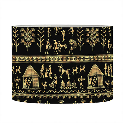 Black And Gold Warli Pattern Print Drum Lamp Shade