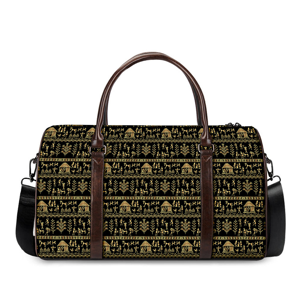 Black And Gold Warli Pattern Print Duffle Bag