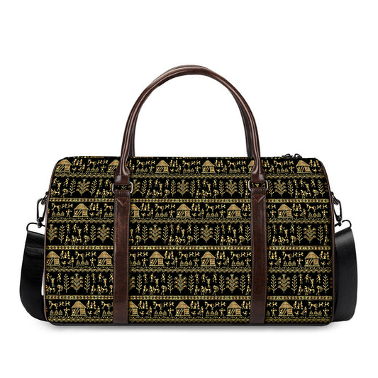 Black And Gold Warli Pattern Print Duffle Bag