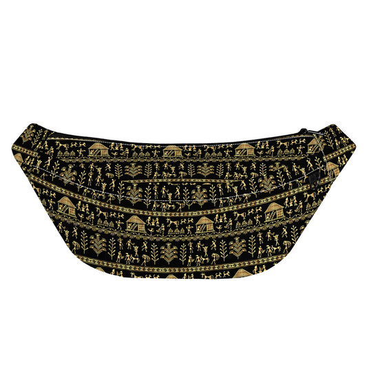Black And Gold Warli Pattern Print Fanny Pack