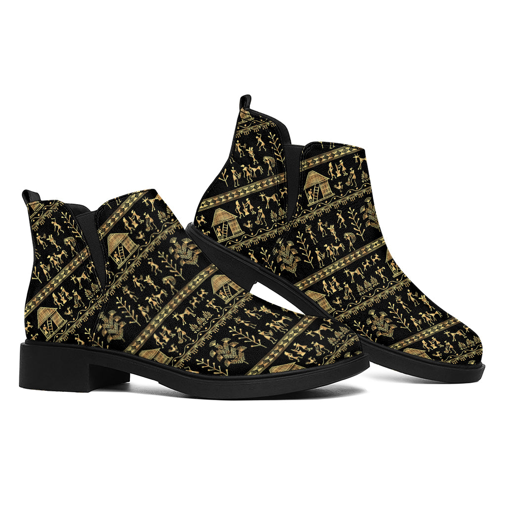 Black And Gold Warli Pattern Print Flat Ankle Boots