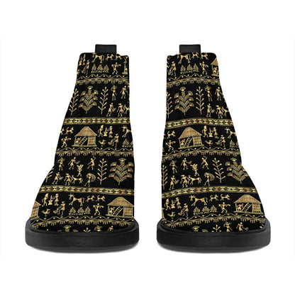 Black And Gold Warli Pattern Print Flat Ankle Boots