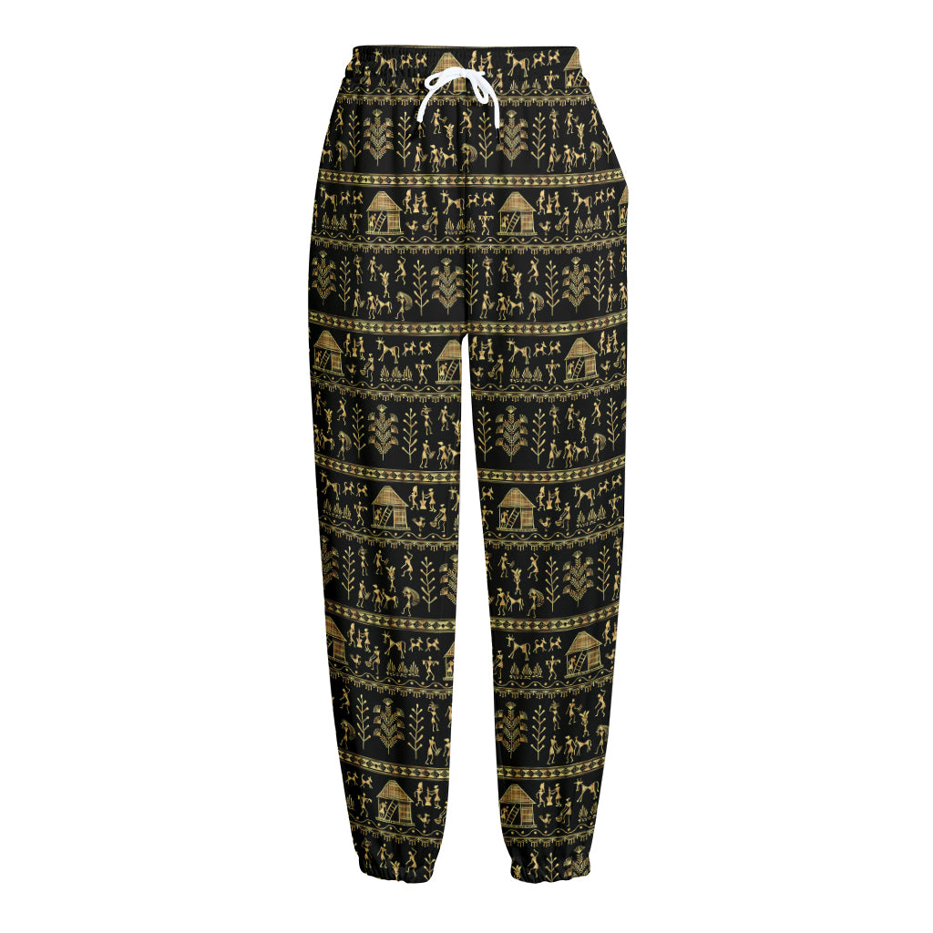 Black And Gold Warli Pattern Print Fleece Lined Knit Pants
