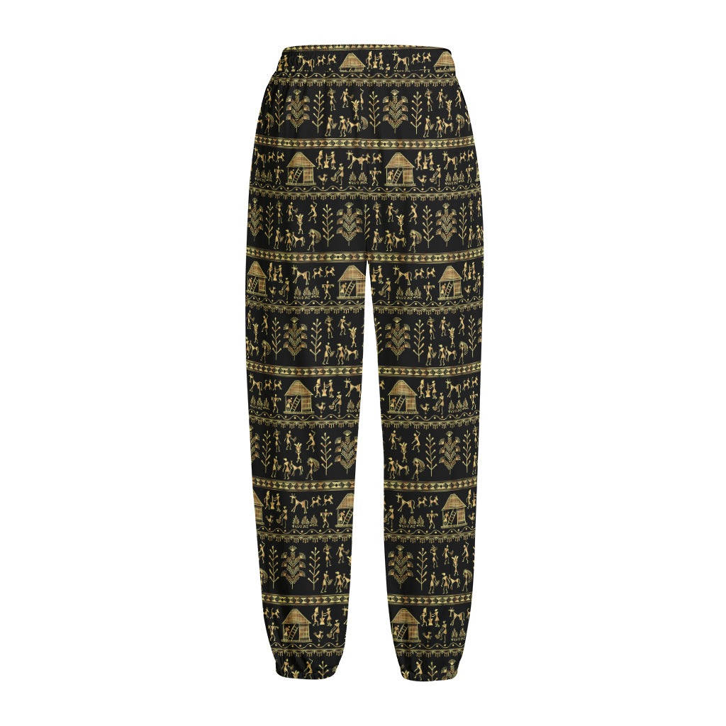 Black And Gold Warli Pattern Print Fleece Lined Knit Pants