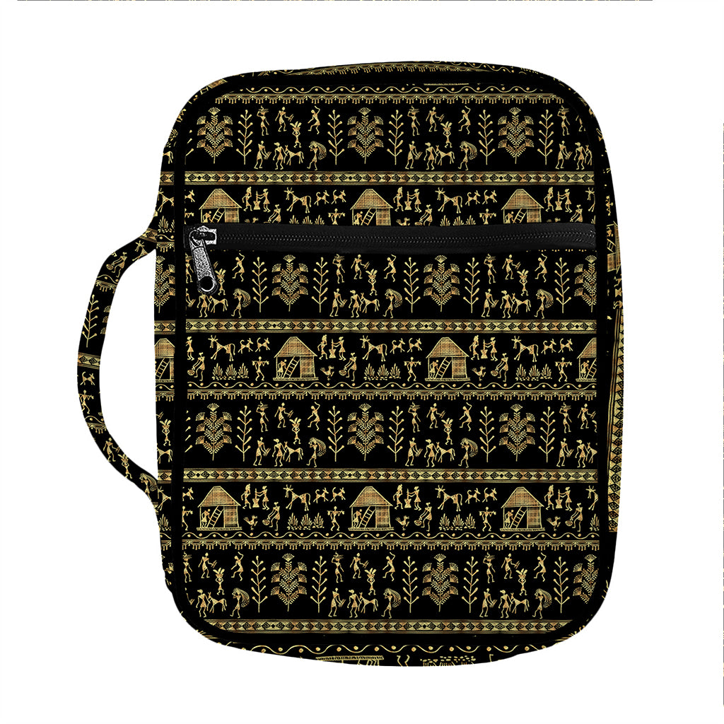 Black And Gold Warli Pattern Print Front Pocket Bible Bag