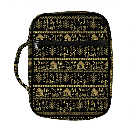 Black And Gold Warli Pattern Print Front Pocket Bible Bag