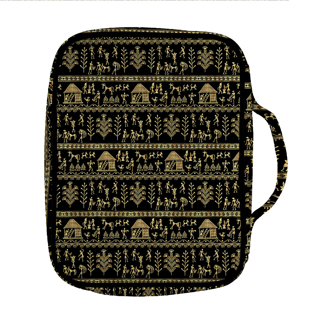 Black And Gold Warli Pattern Print Front Pocket Bible Bag
