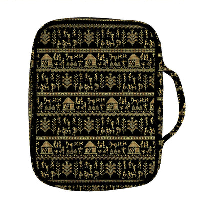 Black And Gold Warli Pattern Print Front Pocket Bible Bag