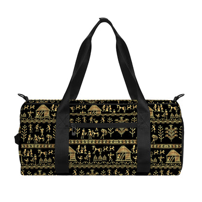 Black And Gold Warli Pattern Print Gym Bag