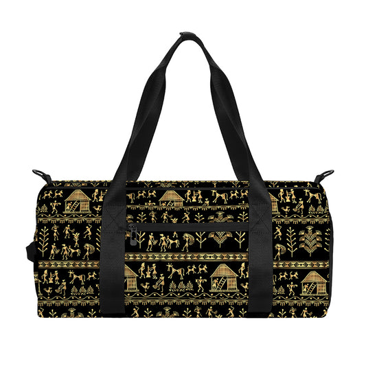 Black And Gold Warli Pattern Print Gym Bag