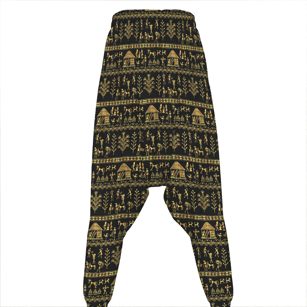 Black And Gold Warli Pattern Print Hammer Pants