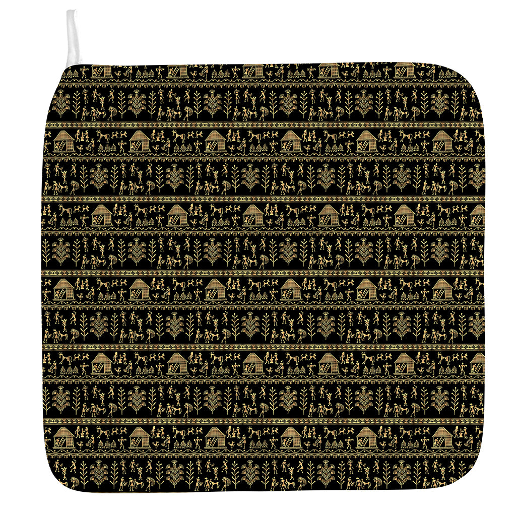 Black And Gold Warli Pattern Print Hand Towel